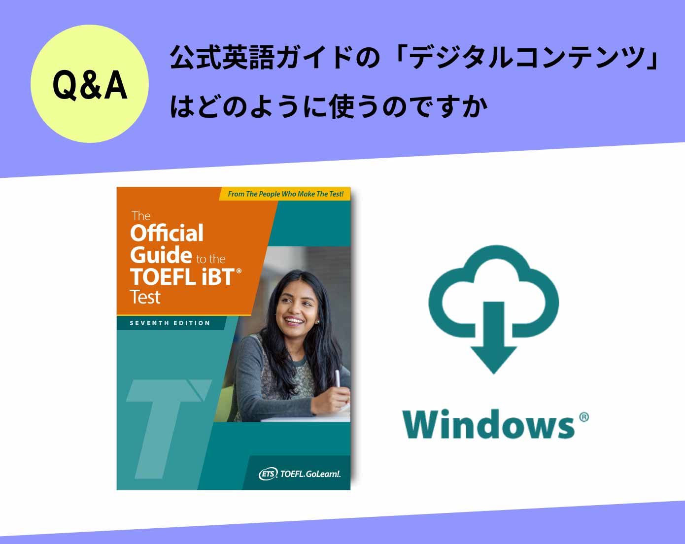 よくあるご質問にお答えいたします⑧
The OFFICIAL GUIDE to the TOEFL iBT® Test 6th Editionの「デジタルコンテンツ」はどのように使うのですか。(Windows編)